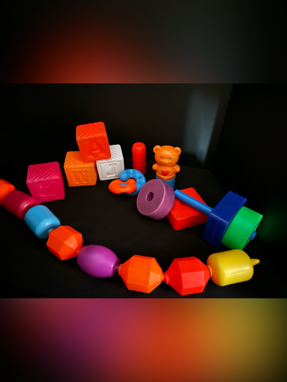 Vintage Toddler Toy Lot Snap Beads, Blocks, Stacking Shapes Learning Toys